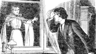 A man stares in shock at a strange figure in his window in an illustration from 'Thrilling Life Stories for the Masses'.