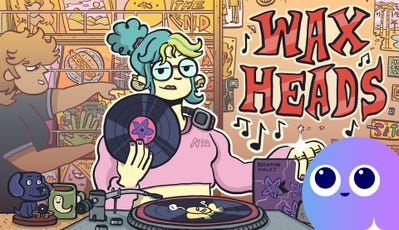 The key art for Wax Heads, showing a woman holding a vinyl record in her hand, with the Eurogamer Wishlisted logo in the bottom right corner.