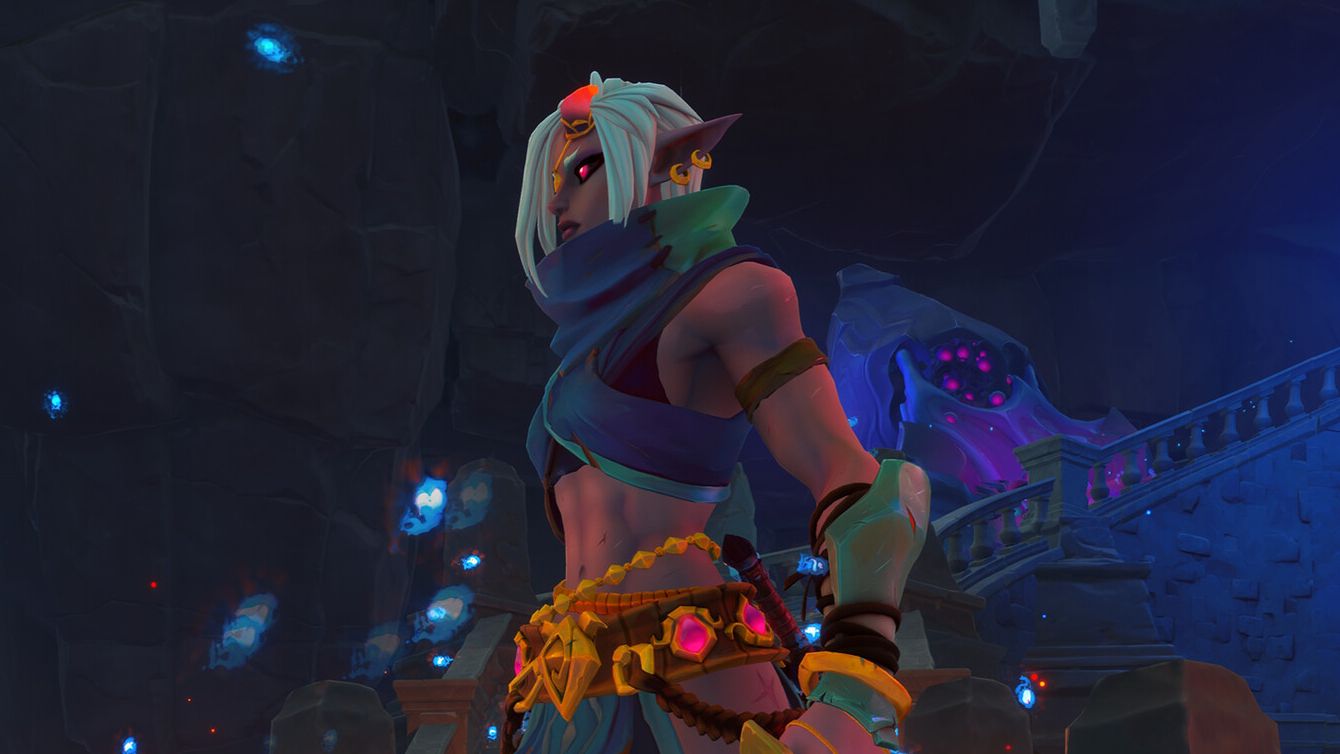 An elfin warrior with white hair and a lot of jewelled belts in online RPG Wayfinder