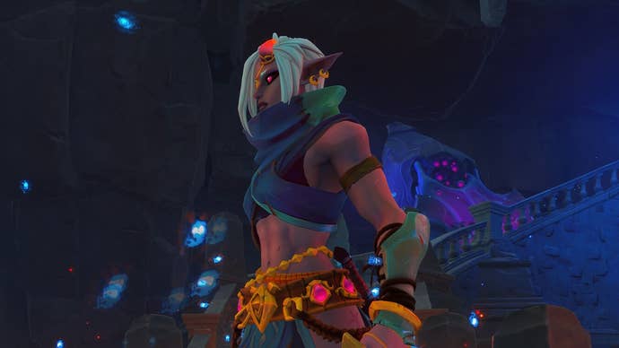 An elfin warrior with white hair and a lot of jewelled belts in online RPG Wayfinder