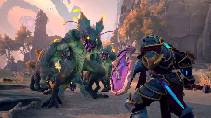 A Wayfinder screenshot showing a hooded player character confronting a dragon-like bipedal opponent.