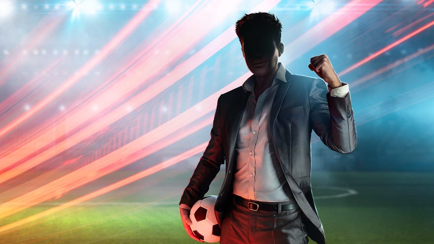 The manager from the We Are Football box art pumps his fist, his face shrouded in shadow.