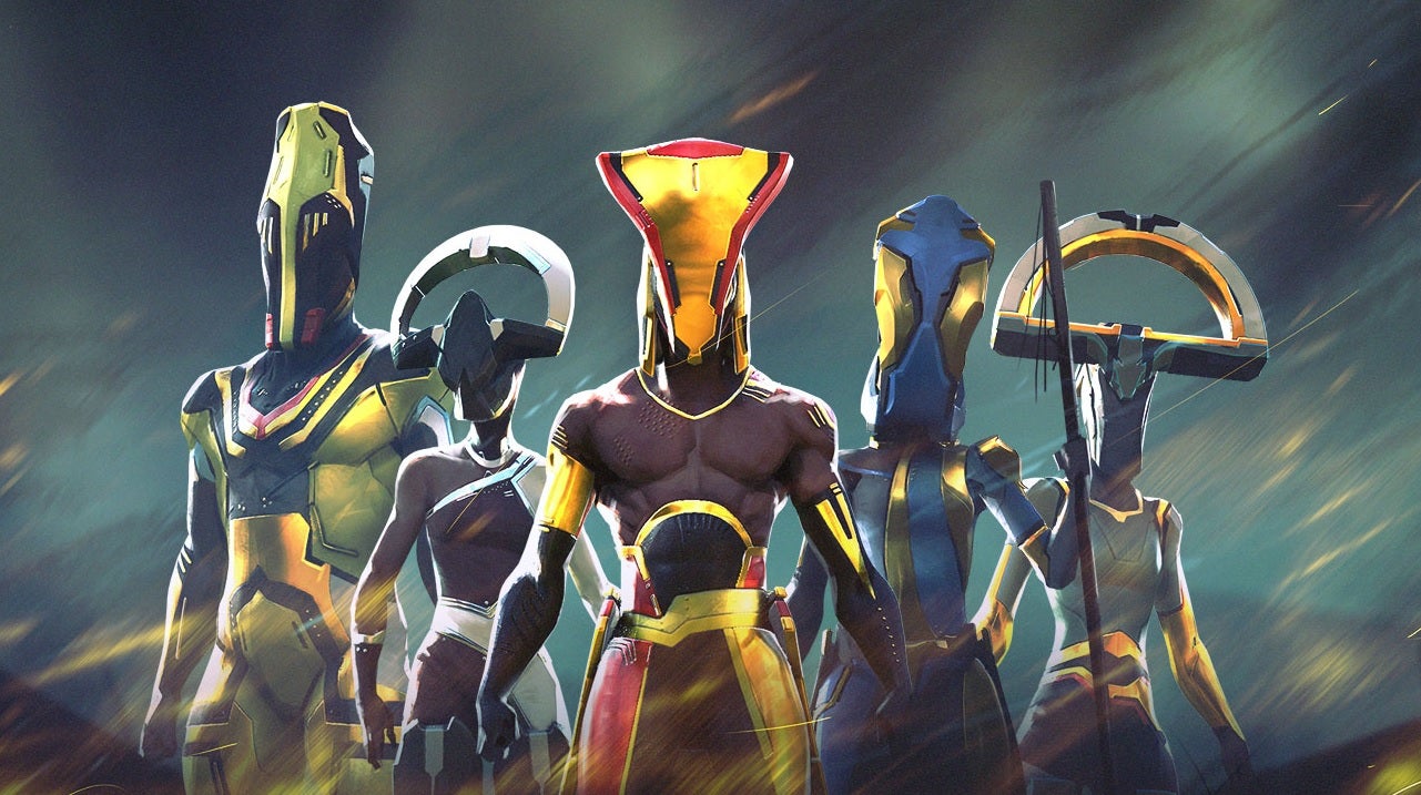 We Are The Caretakers - Five characters stand together wearing afrofuturist-style sci-fi clothes and helmets.