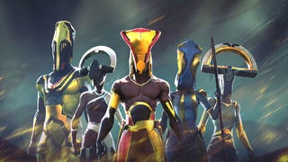 We Are The Caretakers - Five characters stand together wearing afrofuturist-style sci-fi clothes and helmets.
