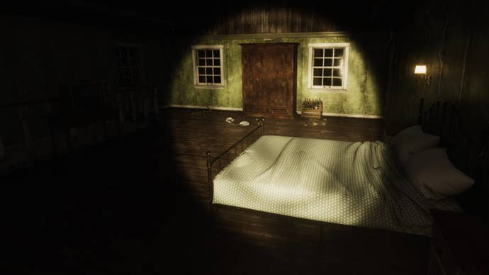 A dingy, dirty bedroom in the dark, illuminated only by a flashlight. It’s the sort of thing you’d see in a horror game, except this is a farming simulator horror game. Weird, huh?