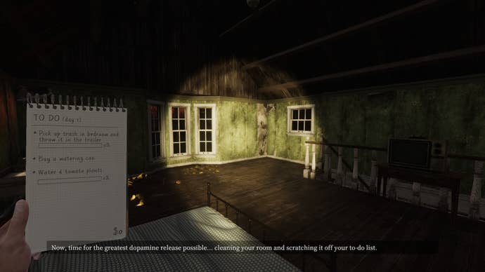A screenshot from We Harvest Shadows showing a very dark and dingy bedroom illuminated, a bit, by a flashlight. The character also holds up a todo list on a reporter’s notebook. It’s gross and yet weirdly familiar.