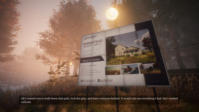 Tangkapan layar dari We Harvest Shadows menunjukkan papan reklame pinggir jalan yang menjual lahan pertanian - lahan yang dibeli oleh karakter dalam game. Peternakan berhantu. Rumahmu.