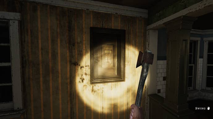A screenshot from We Harvest Shadows showing from a character’s first person view, a creepy painting on a dirty wall. It’s dark and a flashlight is illuminating it.
