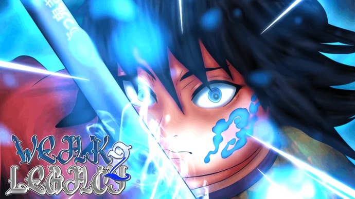 Artwork for the Roblox game Weak Legacy 2 showing a Demon Slayer-inspired character.