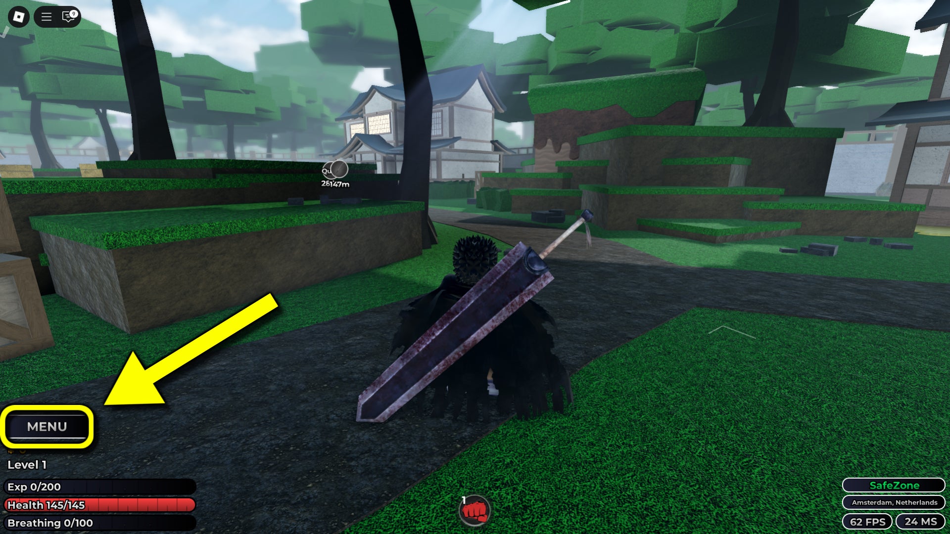 An in-game screenshot of the Roblox game, Weak Legacy 2, featuring an arrow pointing to the menu tab where players can redeem codes - 3