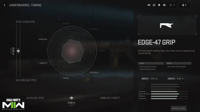A screenshot of the Weapon Tuning screen in Call of Duty: Modern Warfare 2 (2022), showing a radar graph for a weapon grip.
