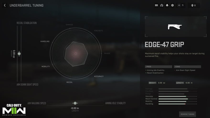A screenshot of the Weapon Tuning screen in Call of Duty: Modern Warfare 2 (2022), showing a radar graph for a weapon grip.