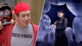 On tha left, Steve Buscemi dressed as a relatable teen up in 30 Rock, holdin a skateboard over his back. On tha right, a promotionizzle image of Jenna Ortega as tha titular Wednesday, her ass is holdin a umbrella while it is raining.