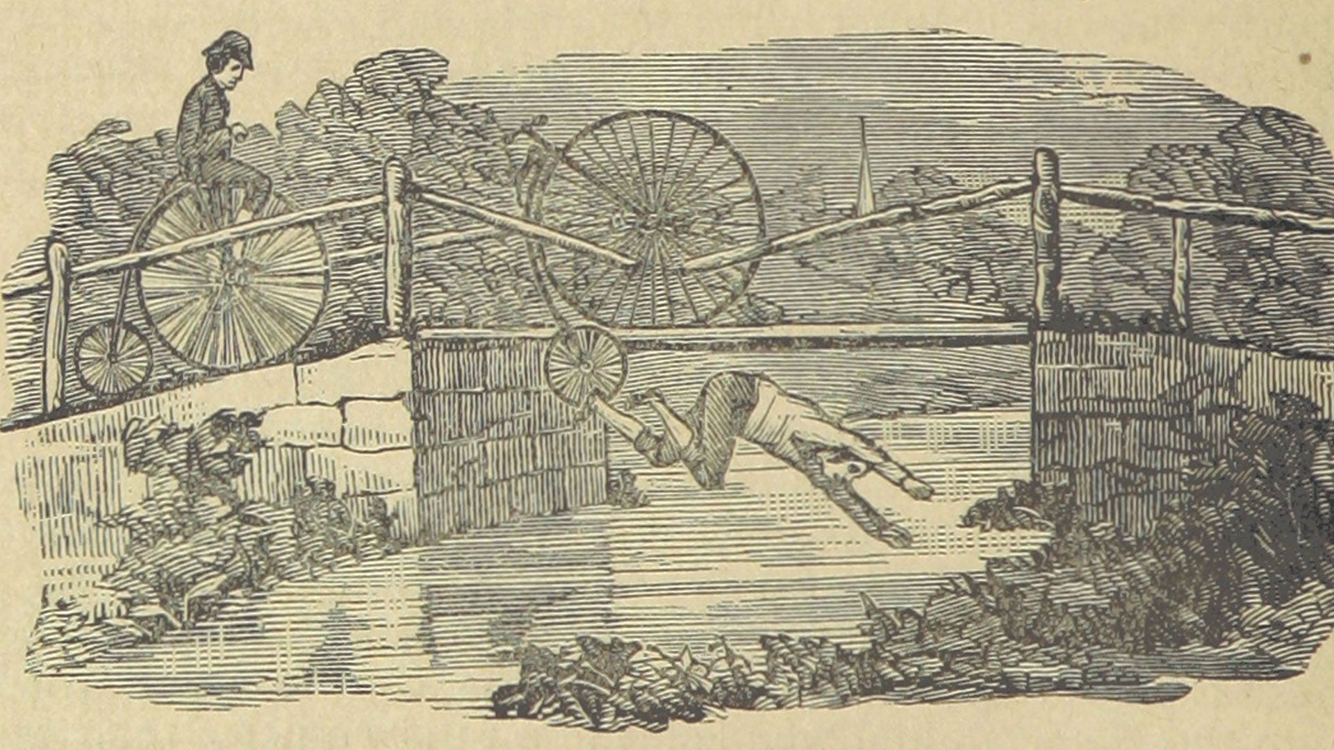 A rider on a penny farthing observes another rider topple into a river - 1