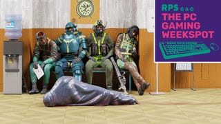 Concept art for Condor, a co-op spin-off to Control, showing four agents waiting on a bench with an occupied body bag in front of them. The PC Gaming Weekspot podcast logo is in the top right