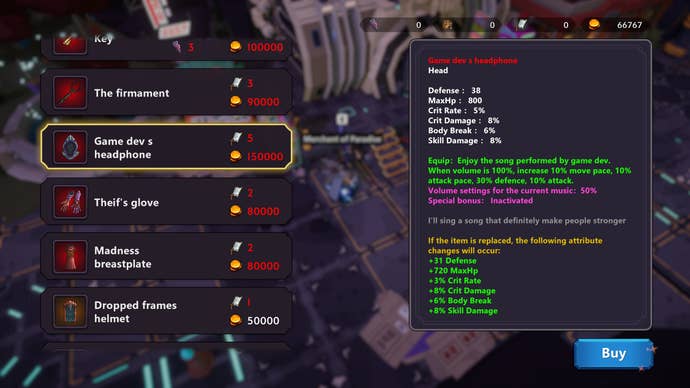 Inspecting a helmet which forces you to listen to the developer sing in a Weird RPG screenshot.