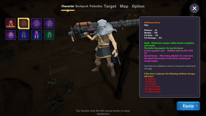 Inspecting a pair of trousers which get worse the better your graphics card is in a Weird RPG screenshot.