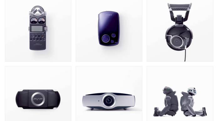 Image of several classic 00s Sony design objects such as the PS Vita and digital projector