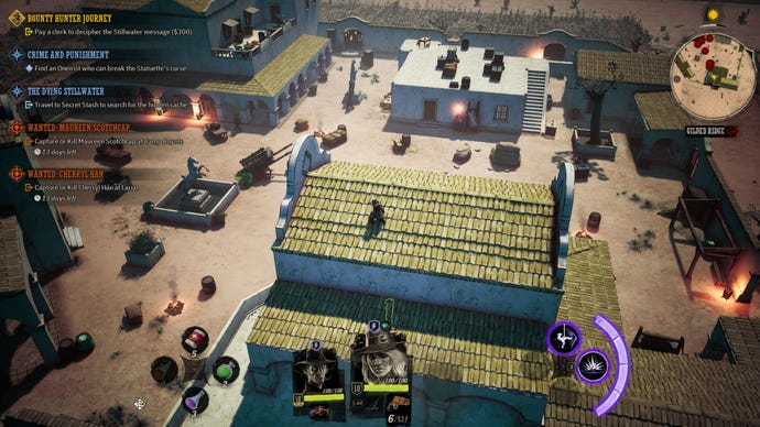 A cowboy crouches on a rooftop in a dusty town in Weird West