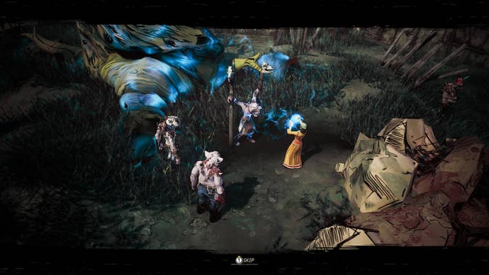 A woman extracts a mystical power from a tied up pig man in Weird West