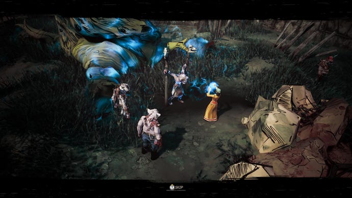 A woman extracts a mystical power from a tied up pig man in Weird West