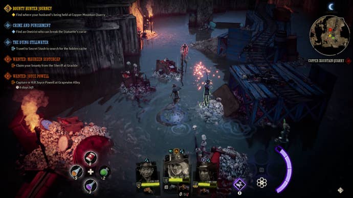 A couple of cowboys battle through a watery pathway with piles of skulls in Weird West