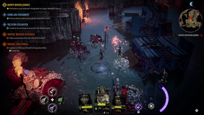 A couple of cowboys battle through a watery pathway with piles of skulls in Weird West