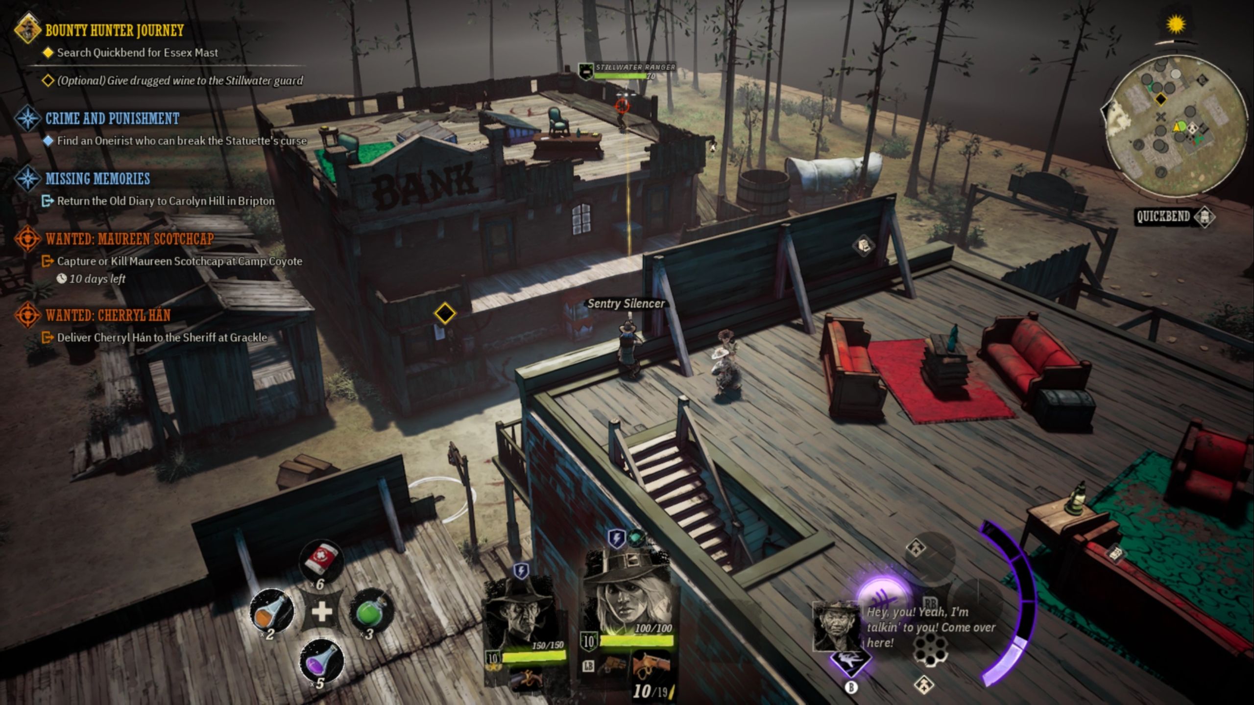 A cowboy crouches on a rooftop while firing at a ranger in Weird West