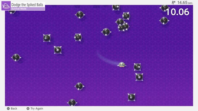 Nintendo Switch 2 Welcome Tour official screenshot showing a mini game where you dodge spikey balls as a spaceship