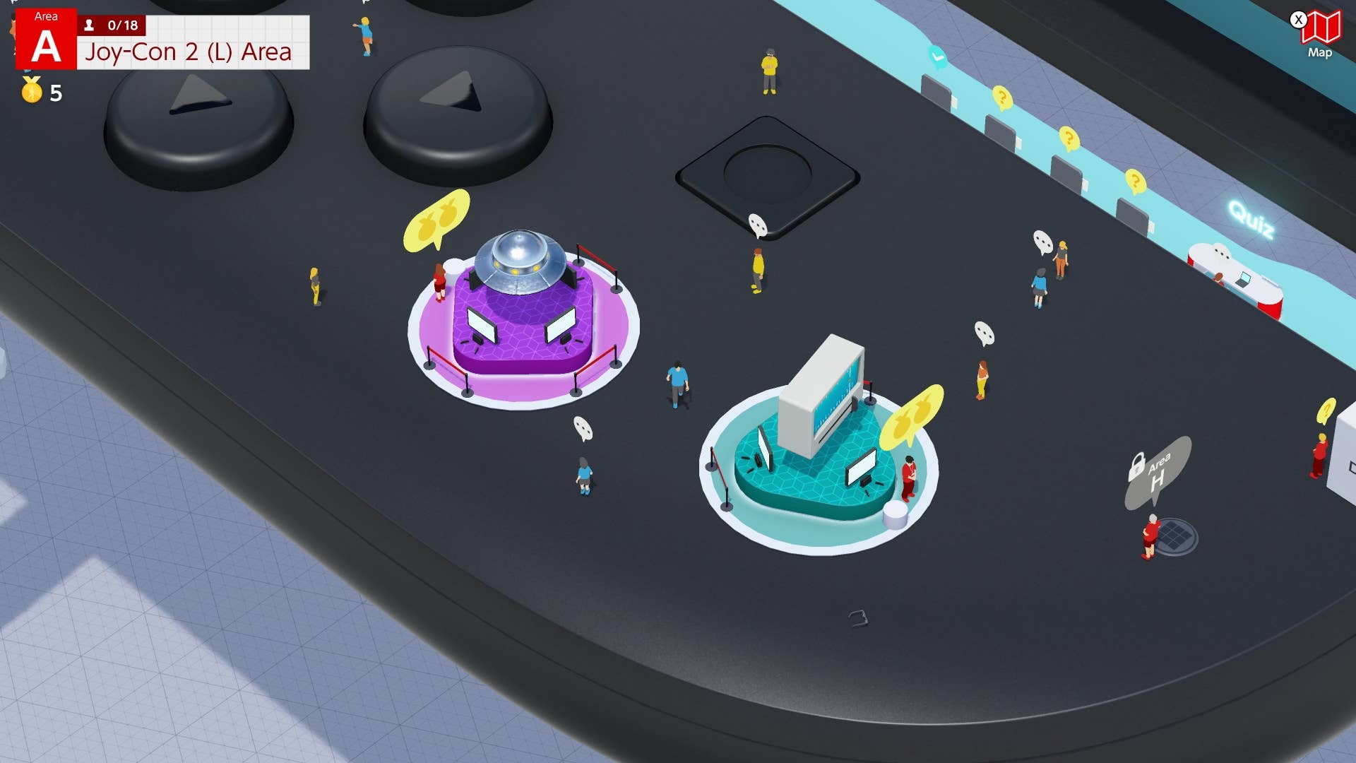 Nintendo Switch 2 Welcome Tour official screenshot showing your tiny character running around a couple of booths on the left Joy-Con