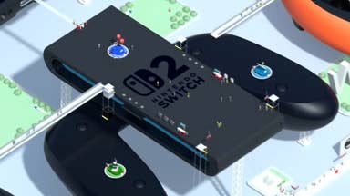 A pro controller for the Switch 2, blown apart like a technical drawing and laid out like a toruist attraction in Switch 2 Welcome Tour