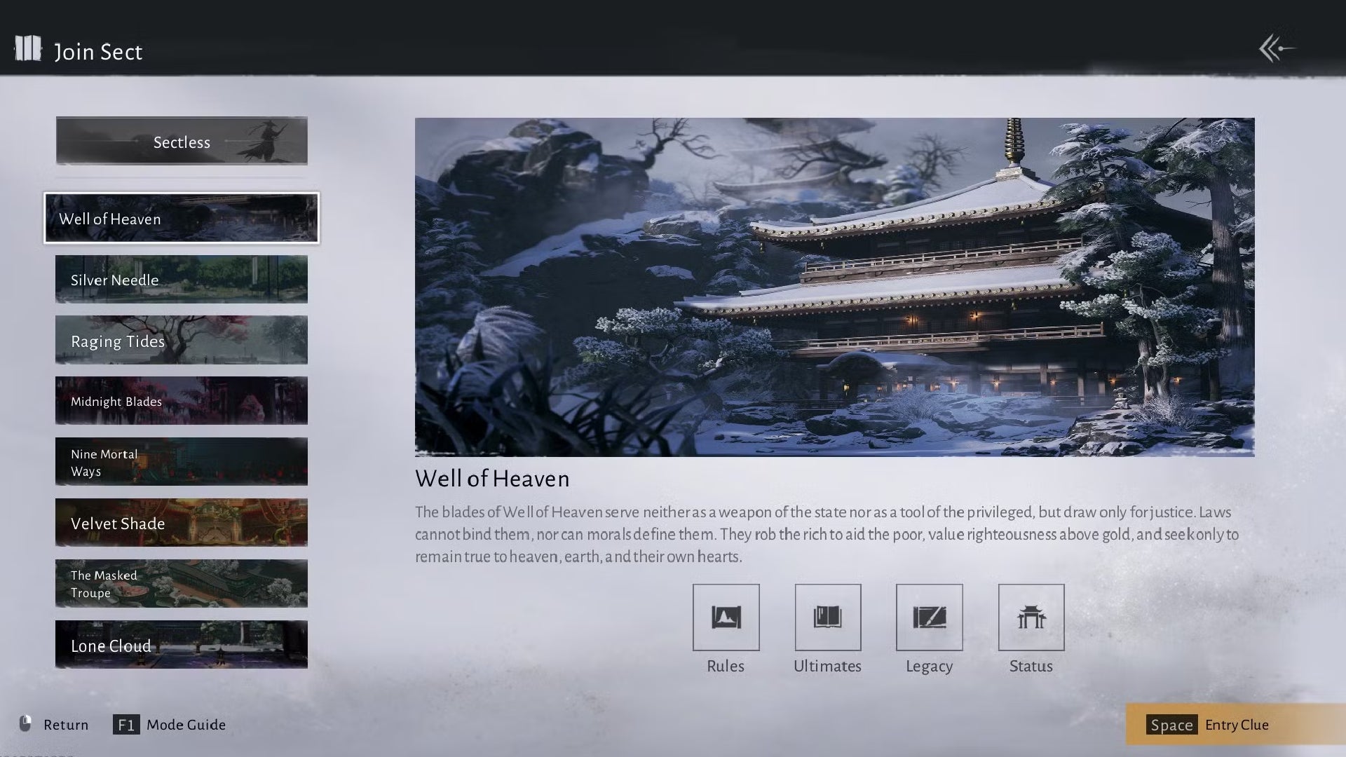 The Where Winds Meet Sect menu, showing the Well of Heaven Sect. - 5