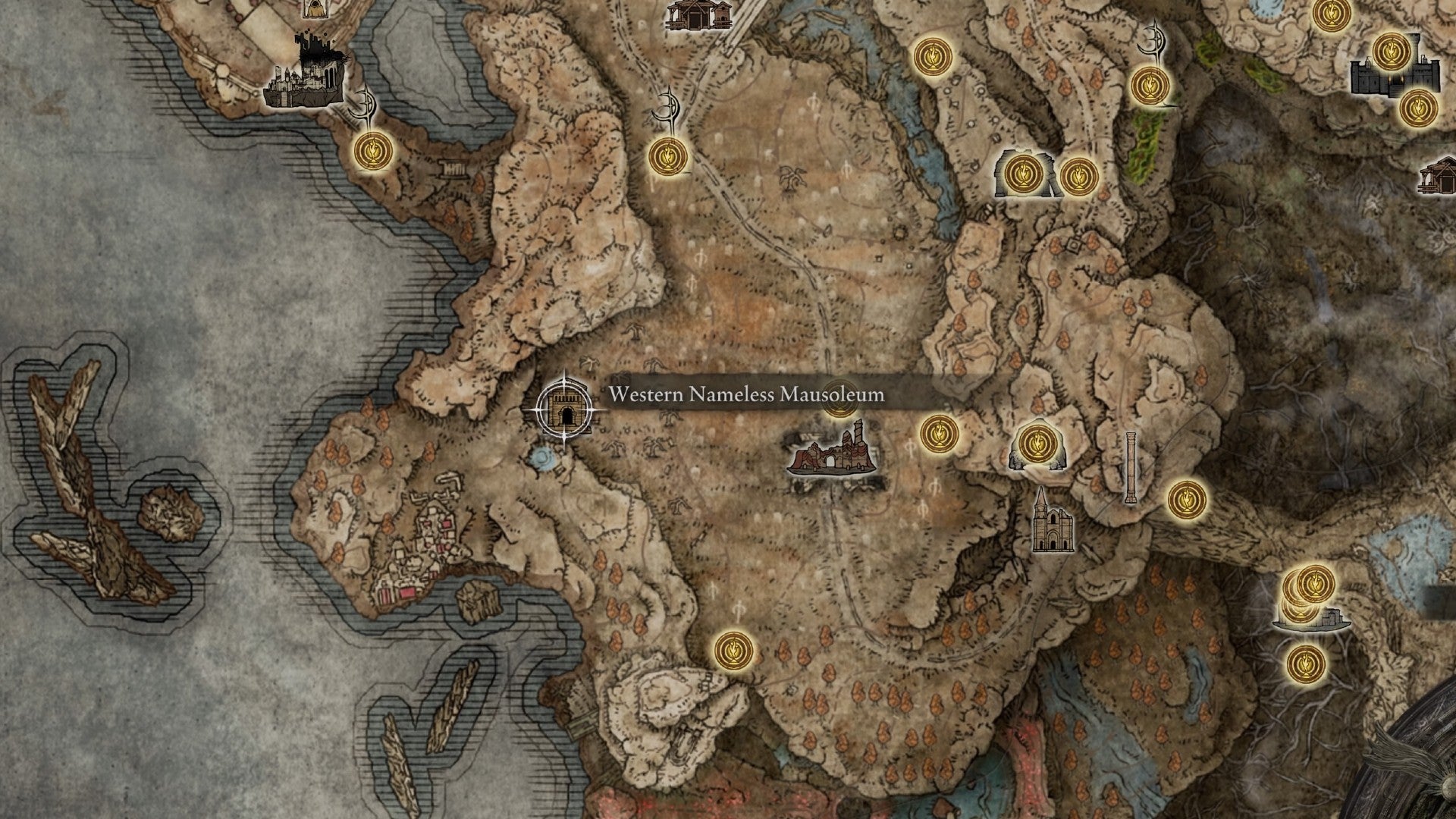 Western Nameless Mausoleum location on the world map in Elden Ring: Shadow of the Erdtree. - 4