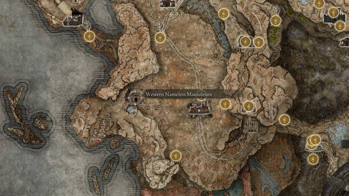 Western Nameless Mausoleum location on the world map in Elden Ring: Shadow of the Erdtree.