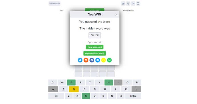 A WeWordle victory screen, showing that the winning word was “CRUDE”.