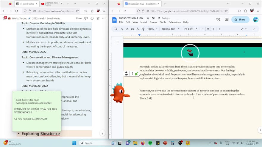 An orange dinosaur creature wanders between a web browser and a Word document in virtual pet sim-slash-productivity tool Weyrdlets