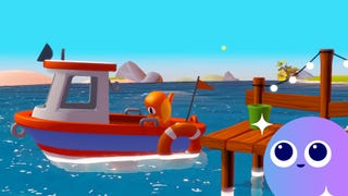 A dinosaur monster jumps on a small boat in the sea in Weyrdlets, with the Eurogamer Wishlisted logo in the bottom right corner of the image.
