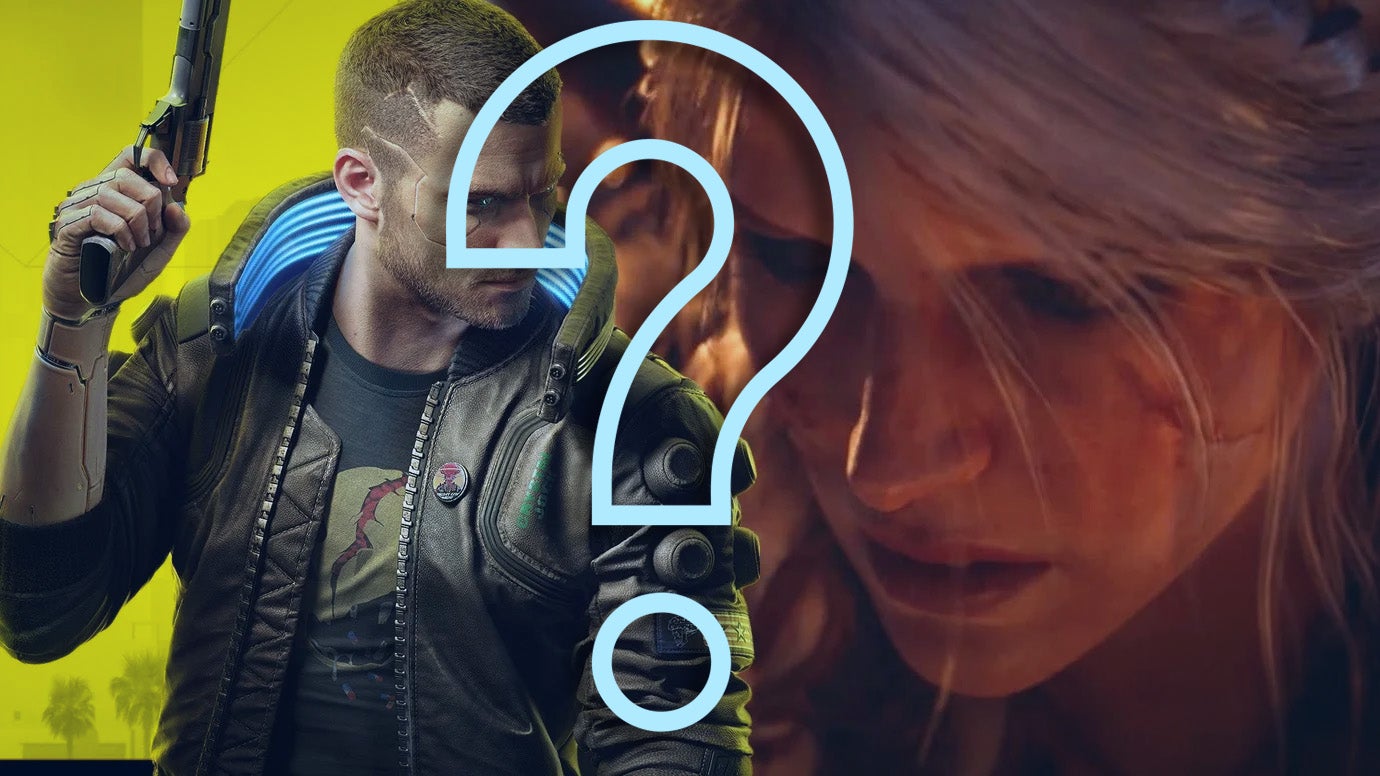 An outlined question overlays a background featuring a man with a gun and leather jacket and a close-up of a woman with white hair and a scar on her face. They are V from Cyberpunk 2077 and Ciri from The Witcher.
