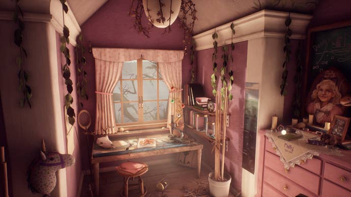 Barbara Finch’s very pink bedroom in a What Remains of Edith Finch screenshot.