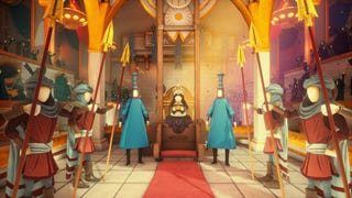 The POV player character (Lewis Finch) approaches a monarch on a throne holding a crown in her hands. He's moving down a red carpet with palace guards on either side. The throne has a sinister guillotine shape.
