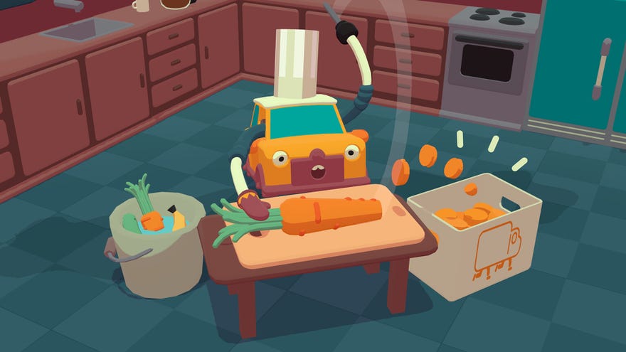 A car in a chef's hat chops a carrot in zany racing game What the Car?