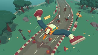 A What the Car? screenshot showing a car with giant legs and a jetpack hurtling above a race track littered with surprised bears.