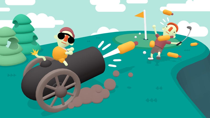 What The Golf - A person sits on top of a cannon that’s firing a hotdog towards a golf hole