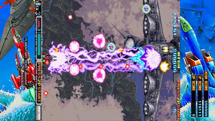 Batsugun screenshot showing a greyshi bakground with purple lingting attacks shooting from your little red ship on the left to a giant one on the right