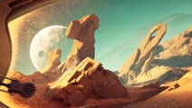 A screenshot from The Invincible of a pale orange desert against and ocean blue-green sky with giant pale moon, in 70s sci-fi style.