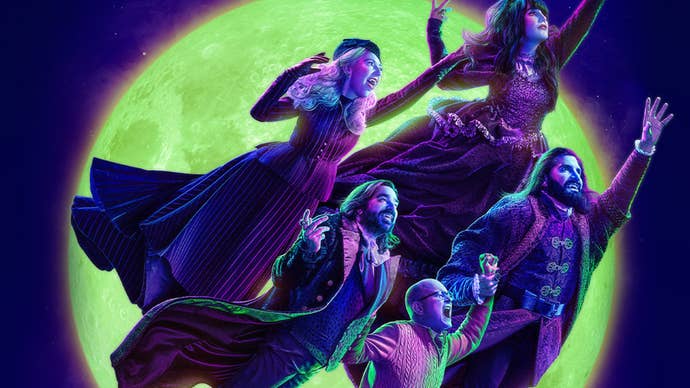 A poster of the main cast of What We Do in the Shadows flying through the air, a full moon shining behind them.