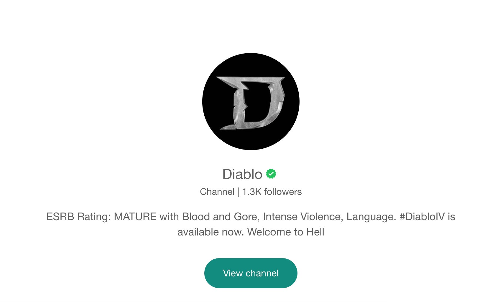 A group for Diablo on Whatsapp who's description reads: ESRB Rating: MATURE with Blood and Gore, Intense Violence, Language. #DiabloIV is available now. Welcome to Hell - 3