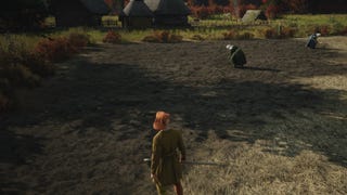 Farmers till a wheat field in Manor Lords.