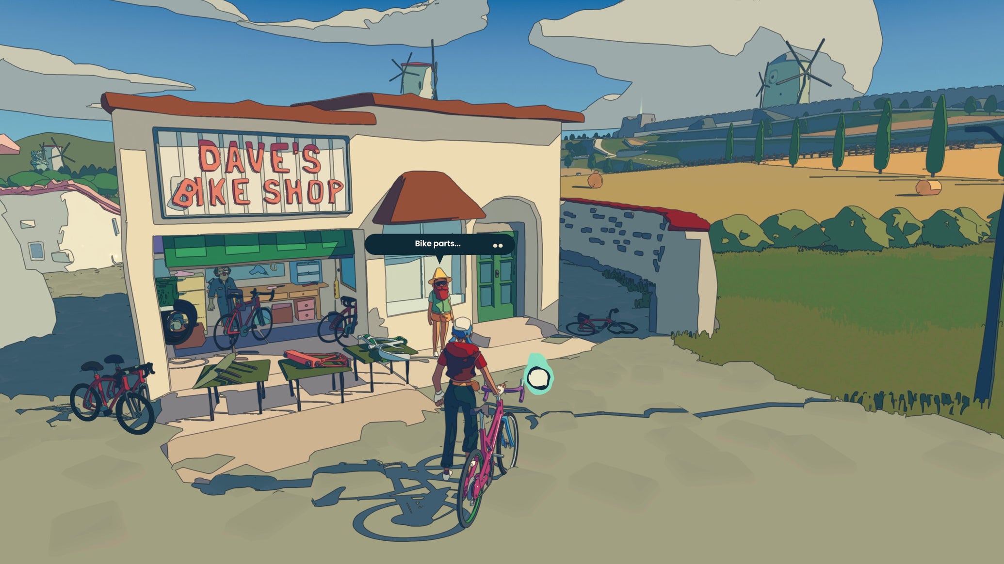 A cyclist with a floating skull on his handlebars visits Dave's Bike Shop in Wheel World. - 1