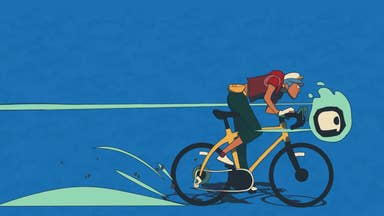 Wheel World key art showing a cyclist dashing left to right closely following a little ghostly skull, against sky blue wash of a background